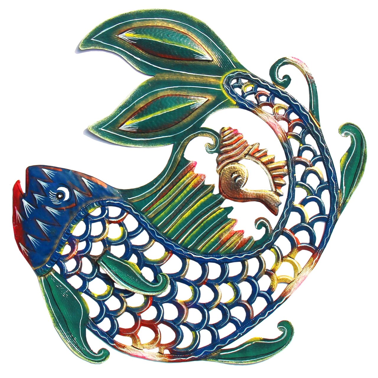 Multi Color Upcycled Steel Painted Fish and Shell Metal Wall Art Indoor Outdoor Decor